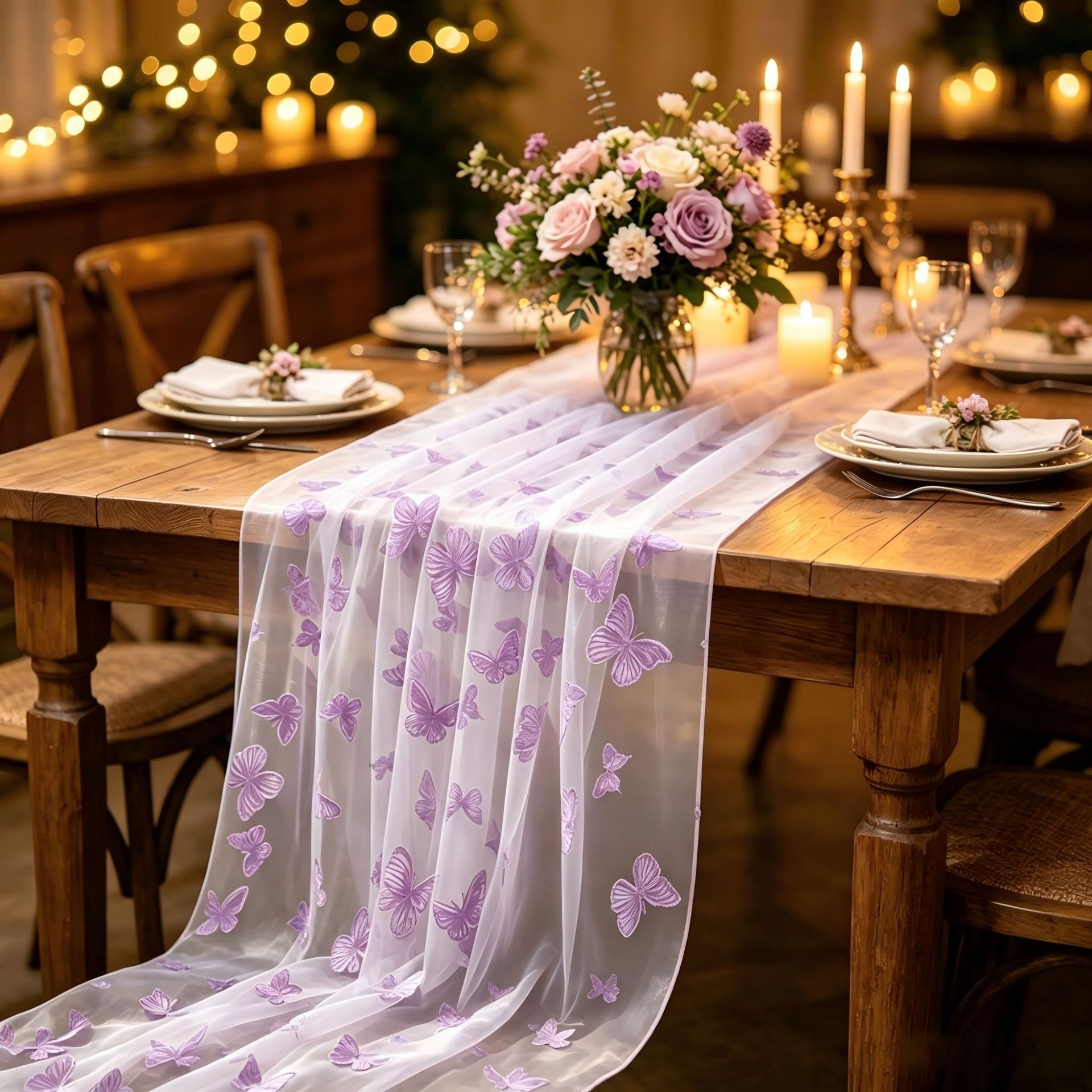 Nylon Tulle Flocked Butterfly  - Christmas Table Runner 评论和价格