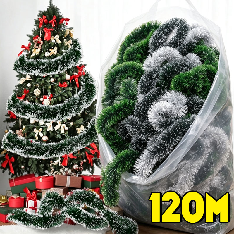 Green White Snow Christmas Tin - Tinsel Garland Decoration 评论和价格